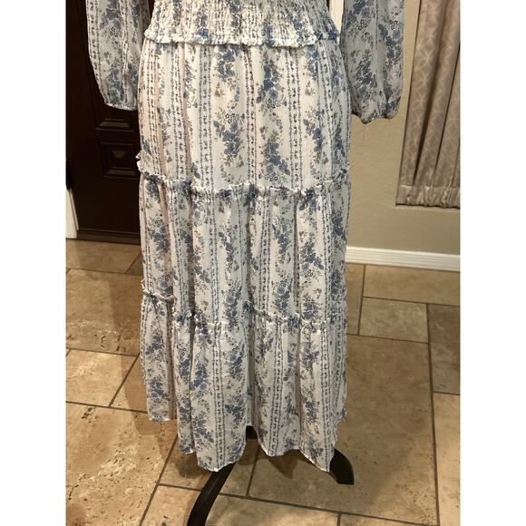 White and Blue Whimsical Floral Prairie Maxi Dress - Picture 3 of 9